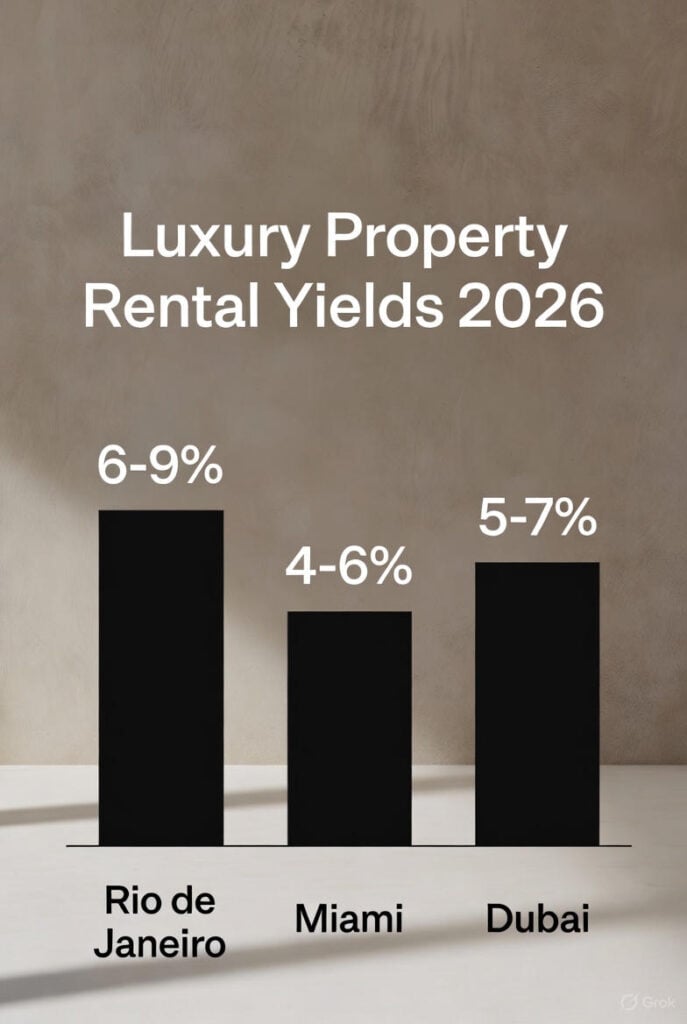 Gross rental yields luxury real estate 2026: Rio de Janeiro 6–9 %, Miami 4–6 %, Dubai 5–7 %