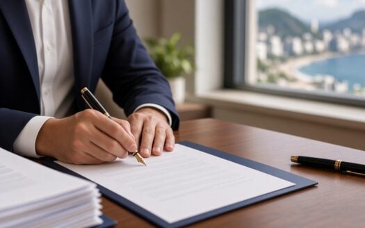 Signing a real estate purchase contract in Rio de Janeiro with the city skyline in the background